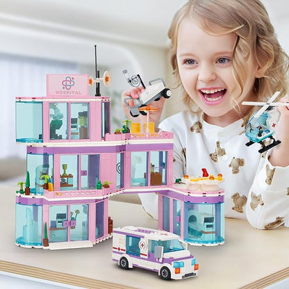 QLT QIAOLETONG Friends City Hospital Building Set, Ambulance Truck with Hospital Bed Wheelchair Playset Birthday, Gift for Boys Girls Kids 6+ Years Old-Compatible with Lego for Girls Age 8-12