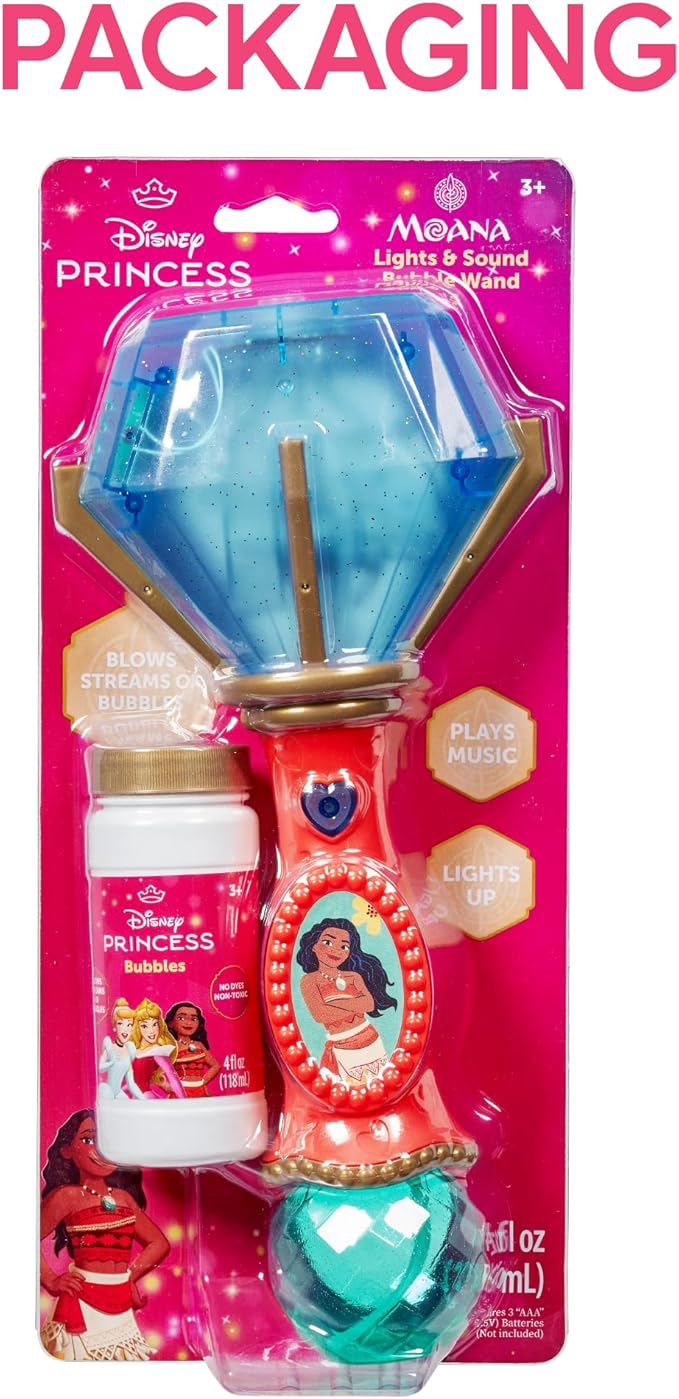 Little Kids Disney Princess Moana Light and Sound Musical Bubble Wand, Includes Bubble Solution