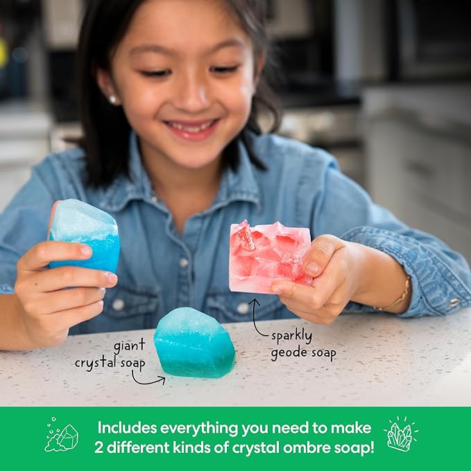 KiwiCo Crystal Geode Soapmaking Kit | Complete Set Includes Beaker, Clear Soap, Molds, Mixing Sticks, Mica Powder, Liquid Colors & More | DIY Soap Making Kit for Kids Ages 7+