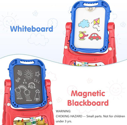 Amagoing Easel for Kids, Adjustable Standing Art Easel for Toddler, Double Drawing Board with Painting Accessories, Birthday Christmas Gift for Little Boys and Girls, Middle Size Blue+Red