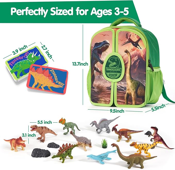 COCO&Friends Dinosaur Toys for Kids 3-5 - Portable Dinosaur Backpack Play Set with Foldable 3D Mat, Pretend Play Toy for 4 Year Old Boy Birthday Gift - Travel Outdoor Beach Toys for Kids Ages 4-8
