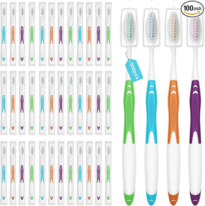 100 Bulk Toothbrushes Pack with Covers, Individually Wrapped Toothbrushes for Adults & Kids, Disposable Toothbrush for Travel, Donations, Hotels, Medium Soft Toothbrushes with Hygienic Cap
