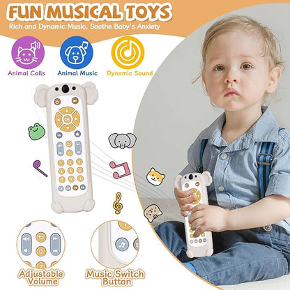 Orzbow Baby Remote Control Toy for 6 Month+ with Silicone Teether Cover, TV Remote Toy with Realistic Light and Sound - English, French and Spanish for Infant Play Remote Musical Toys, BPA Free, White