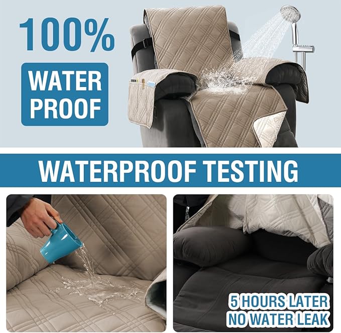 H.VERSAILTEX 100% Waterproof Cover for Recliner Chair 1-Piece Reversible Recliner Covers for Large Recliner with Elastic Straps Sitting Width Up to 28" (Oversized Recliner, Taupe/Beige)