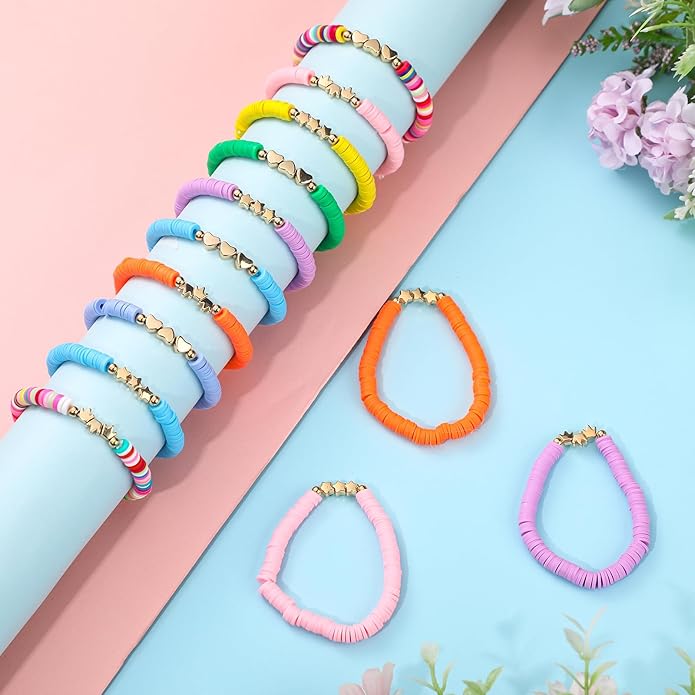 Sureio 24 Pcs Colorful Friendship Bracelets Letter Heart Smile Bracelet Surfer Bracelets Stretch Beaded Kids Bracelet for Girls Women Back to School Tween Girl Party Favors