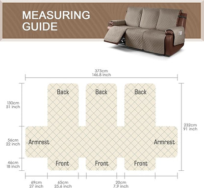 KinCam Waterproof Recliner Sofa Cover, Non-Slip Reclining Couch Covers for 3 Seat, Recliner Couch Cover Furniture Protector with Elastic Straps for Pets, Kids, Taupe