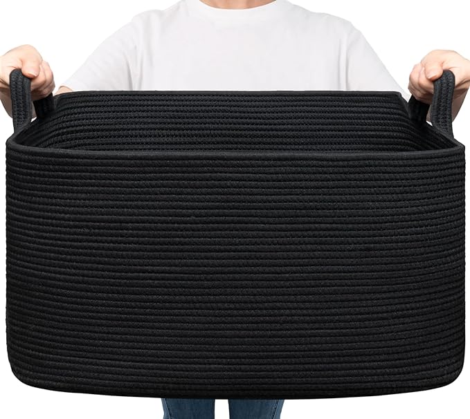 Goodpick Large Blanket Basket Living Room, 21.6" x 14.9" x 11.8" Woven Storage Basket for Blankets, Toys, Rectangle Rope Dirty Clothes Baskets for Nursery, Bedroom, Black