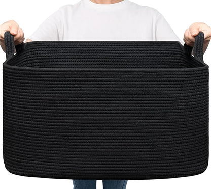 Goodpick Large Blanket Basket Living Room, 21.6" x 14.9" x 11.8" Woven Storage Basket for Blankets, Toys, Rectangle Rope Dirty Clothes Baskets for Nursery, Bedroom, Black