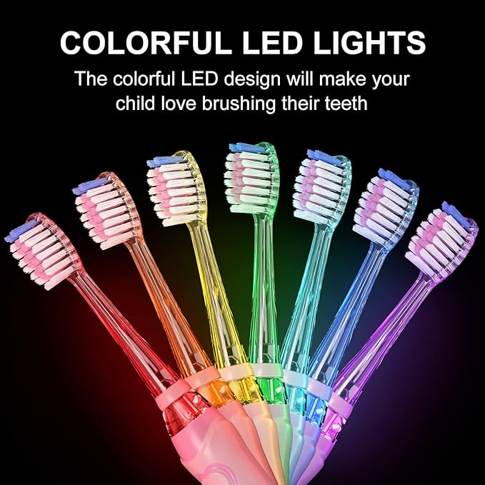 SEAGO Kids Electric Toothbrush with 2 Mins Brushing Timer and 4 Replacement Bursh Heads, Rainbow LED Light Make Brushing Fun, Green Color Boys Battery Powerd Toothbrush for 4-12 Years Old，SG-977