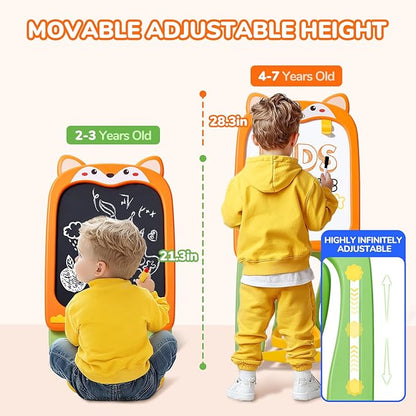 Adjustable Standing Toddler Art Easel with educatinal Accessories for Kid,4-in-1 Double-Sided Magnetic Chalkboard&Whiteboard,Dry Eraser Board,Detachable&Portable,Ideal Birthday Gift for 2-4,FOX
