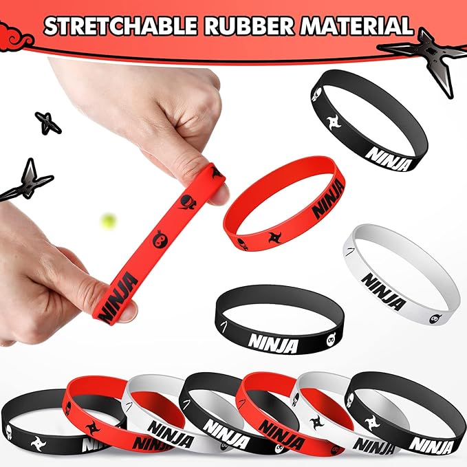 30 Pieces Ninja Silicone Wristbands Bracelets Samurai Rubber Bracelets Ninja Party Favors Bracelets Ninja Warrior Stretch Wristbands for Ninja Warrior Theme Party Favors Goody Bag Supplies, 3 Colors