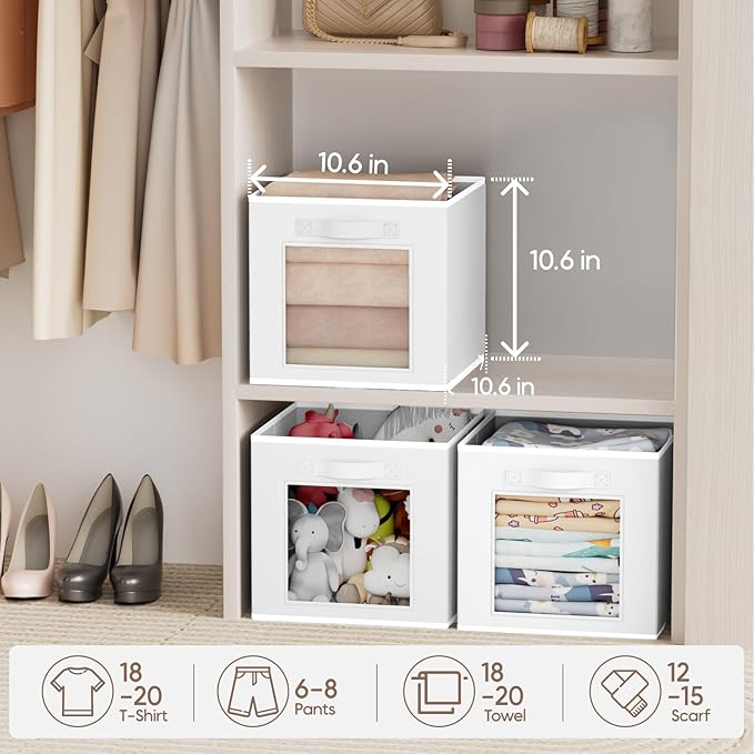 Homsorout Storage Cube 11 Inch - Cube Storage Bins with Window, Closet Storage Baskets with Handle, Fabric Bins for Closet, Shelves, Toys, Clothes, Set of 10, White