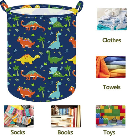 19.7 Inch Round Dinosaur Laundry Clothes Hamper Laundry Basket with Handles,Storage Organizer Bins Laundry Gift Basket for Room, Bedroom Decor
