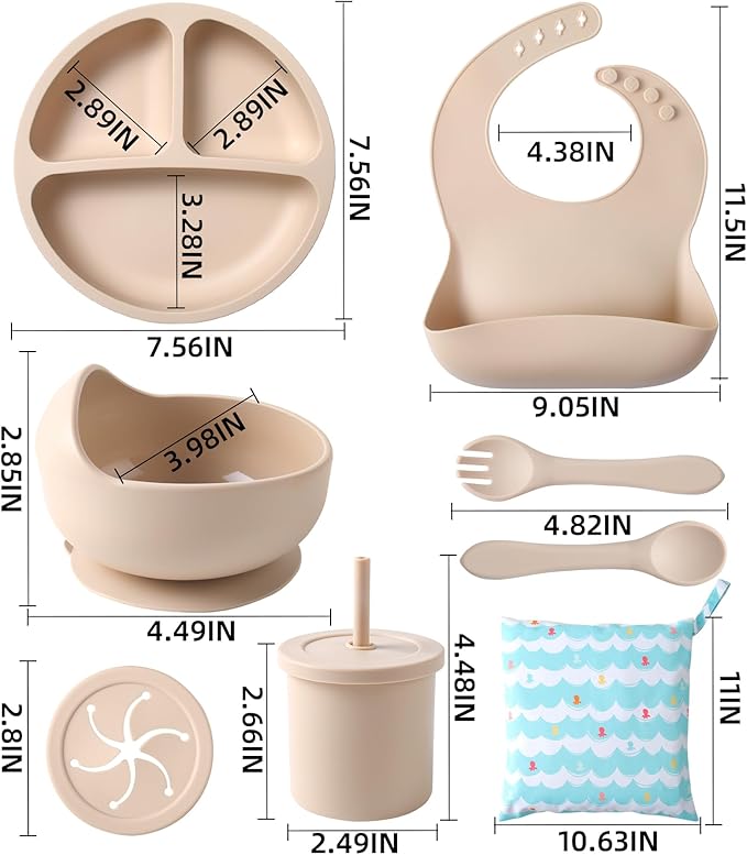ECLIP Silicone Baby Feeding Set, 10 Pcs Baby Led Weaning Supplies with Suction Bowl Divided Plate Adjustable Bib Soft Spoon Fork Snack Cup with Lid Drinking Cup, Utensil (Beige)