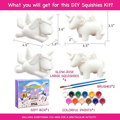 Unicorn Squishy Toys, Paint Your Own Squishies Slow Rising Kit, Large Squishies Pack Stress Relief Toy for Boys and Girls, Arts and Crafts for Kids 4 5 6 8 12, Birthday Easter, 4 Pack