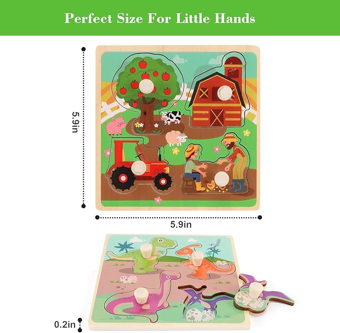 Wooden Peg Puzzles for Toddlers 1-3, Kids' Educational Preschool Peg Puzzle Toy, Set of 4 Toddler Puzzles - Farm, Dinosaur, Fruit and Marine Animals, Ideal Gift for Ages 1 2 3 Boys and Girls