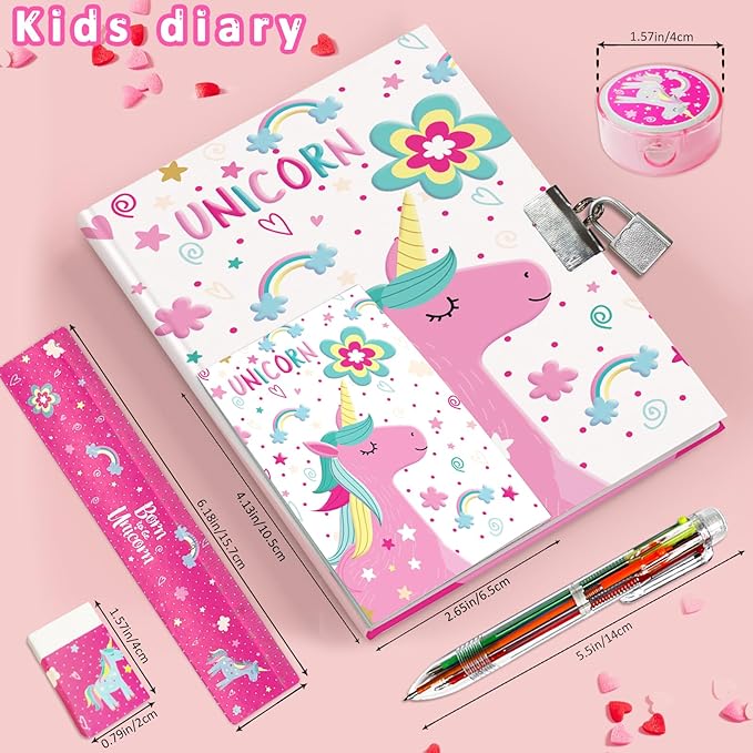 Unicorn Girls Diary with Lock, Set of Diary for Girls Incl. Kids Journal with Lock & Pen (6-Multicolor) Memo Ruler Sharpener Eraser Pink Girls Journal Writing Notebooks for Kids Gifts for Girls 6-8