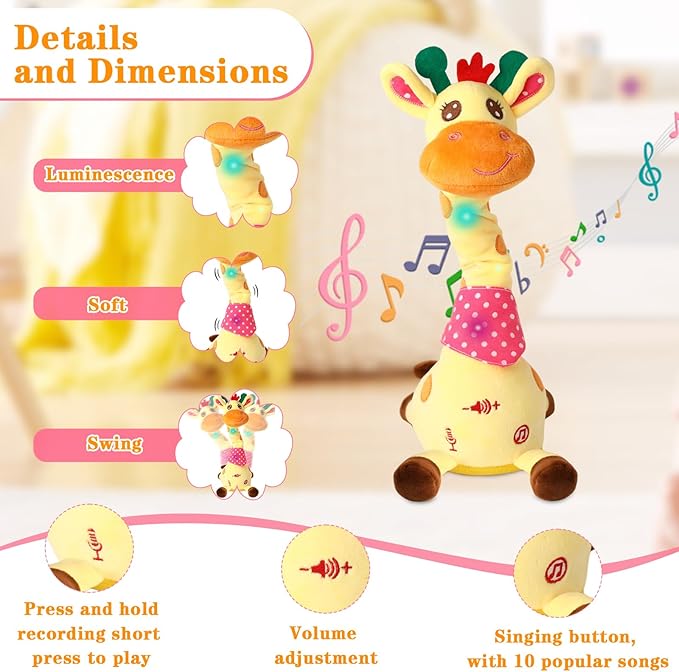Dancing Talking Giraffe Toy for Baby Girl & Boy, Interactive Stuffed Animal Baby Toy Repeating What You Say, Glowing Musical Giraffe Gifts for Toddlers 1-3 Years Old, for Kids (Giraffe)