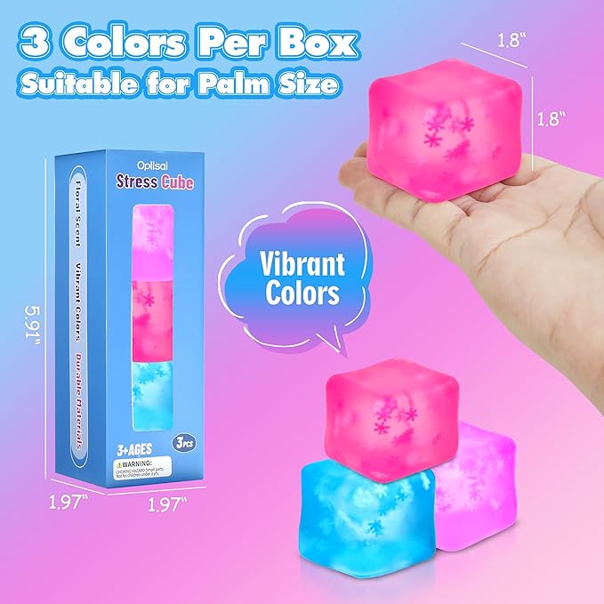 Fidget Toy Stress Cube 3 Pack,Cube Stress Ball with Snowflakes Inside,Mellow and Chill Touch,Classroom Prize Box Toys,Cube Squishies for Adults Kids Children Teens (Stress Cube 3 Pack)