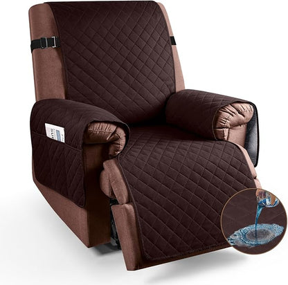 KinCam 100% Waterproof Recliner Chair Cover, Reclining Couch Covers for Pets, Dogs, Recliner Couch Slipcover Furniture Protector with Elastic Straps for Kids(28", Coffee)