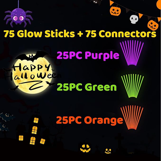 75 Halloween Glow Sticks for Halloween Party Favors with Connectors, Purple Orange Green Halloween Glow in the Dark Party Supplies, Halloween Goodie Bag Fillers (Purple+Green+Orange)