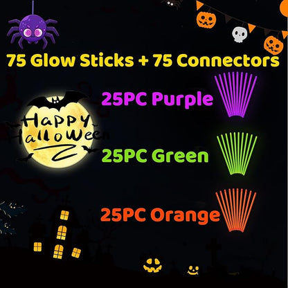 75 Halloween Glow Sticks for Halloween Party Favors with Connectors, Purple Orange Green Halloween Glow in the Dark Party Supplies, Halloween Goodie Bag Fillers (Purple+Green+Orange)