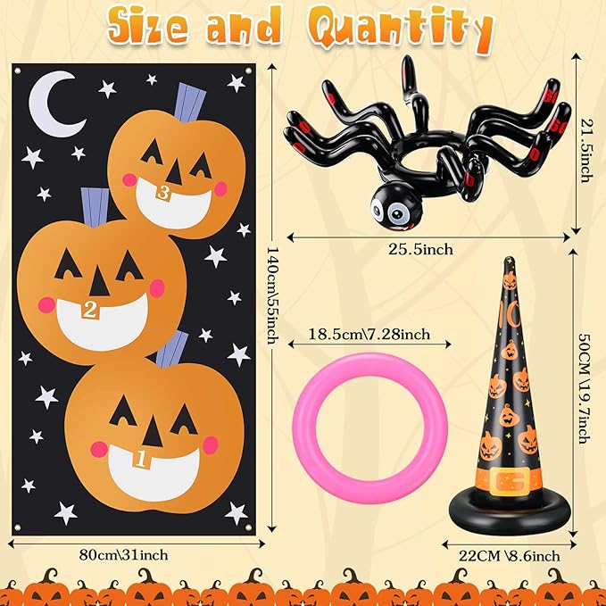 Libima Halloween Party Games Set Includes Pumpkin Bean Bag Toss Games Inflatable Spiders Witch Hat Toss Game Halloween Eyeball Spoon Relay Race Game Bingo Game for Kids Adults, 4 types
