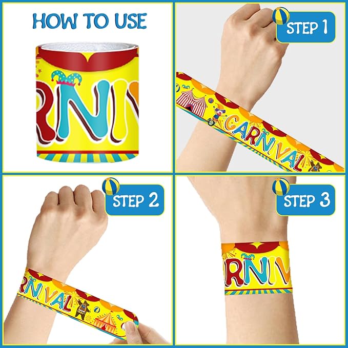 Carnival Party Favors 60 PCS Circus Carnival Clown Animal Slap Bracelets Wristbands for Kids Carnival Theme Birthday Party Decorations Supplies Baby Shower Classroom Rewards Gifts