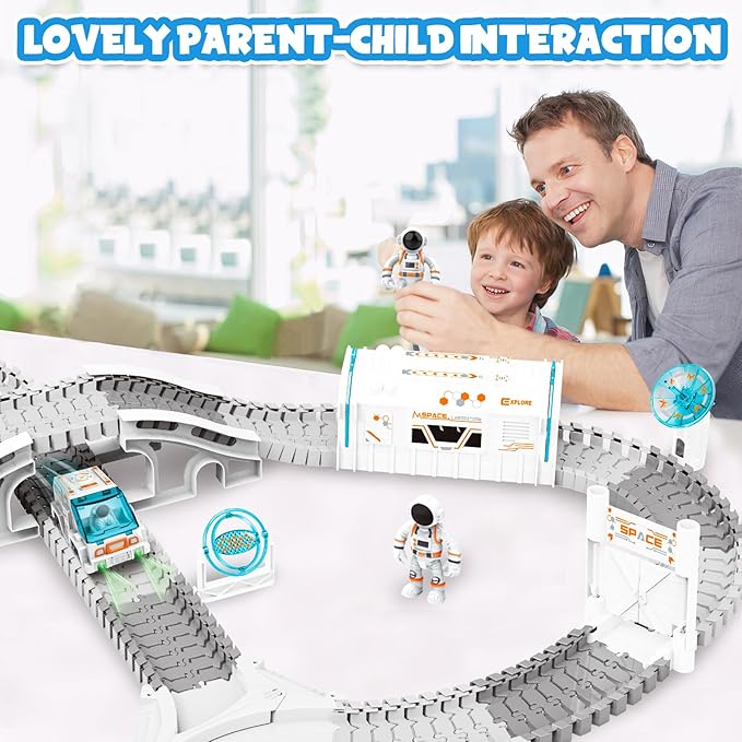 Construction Race Track, Space Train Track Set, 205 PCS DIY Flexible Tracks Play Set for Boys 4-7 with Light up Space Car Station Astronaut, for Toddlers Kids Girls 3-12