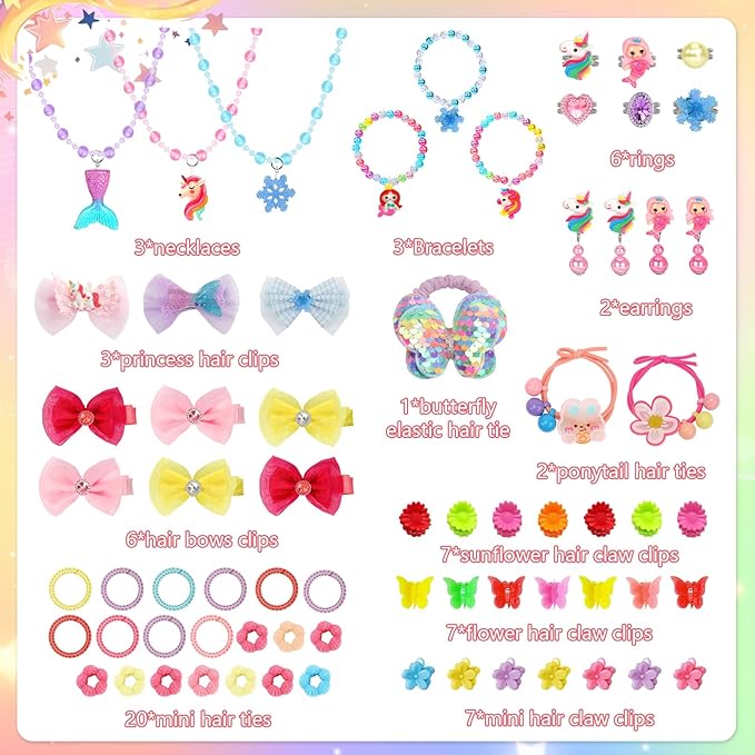 Kids Jewelry for Girls, 68Pcs Toddler Jewelry Toys Princess Dress Up Jewelry Set, Necklaces, Bracelets, Kids Rings, Hair Ties, Hair Clips, Funny Christmas Birthday Gifts for 3 4 5 6 7 8 Year Old Girl