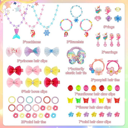 Kids Jewelry for Girls, 68Pcs Toddler Jewelry Toys Princess Dress Up Jewelry Set, Necklaces, Bracelets, Kids Rings, Hair Ties, Hair Clips, Funny Christmas Birthday Gifts for 3 4 5 6 7 8 Year Old Girl