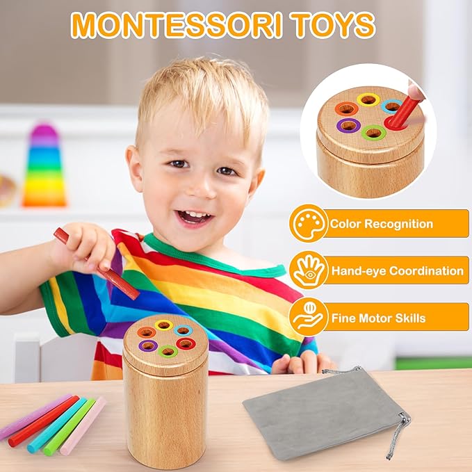Montessori Toys for 1-3 Year Old, Travel Toys for Toddlers Wooden Color Sorting Stacking Toy for 18+ Month Old Boys Girls Learning Gift for 2-4 Year Old Kids Birthday Easter Basket Stuffers