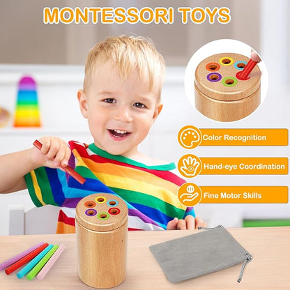 Montessori Toys for 1-3 Year Old, Travel Toys for Toddlers Wooden Color Sorting Stacking Toy for 18+ Month Old Boys Girls Learning Gift for 2-4 Year Old Kids Birthday Easter Basket Stuffers