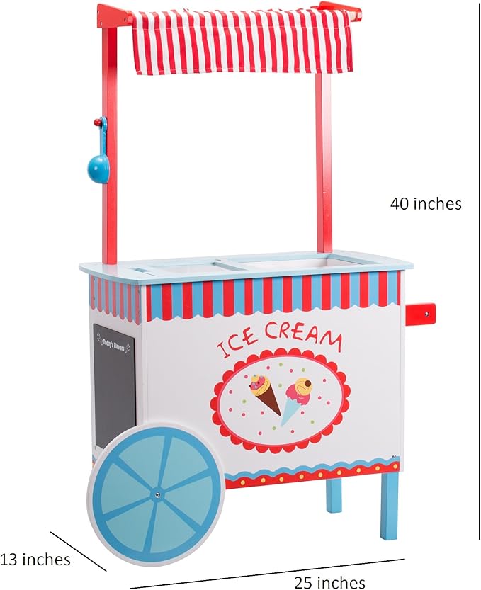 Ice Cream Cart Kids Pretend Play Stand- 33+ Pc Accessories, Realistic Premium Wooden Toy Activity Set, Money Box Chalkboard & Icecream Truck- Popsicles Cones Unique Flavors- Girls Boys Role Play Gift