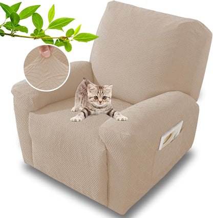 XINEAGE 4 Pieces Recliner Cover Stretch Jacquard Recliner Chair Covers Soft Recliner Slipcovers with Pocket for Kids and Pets, Washable Couch Cover (Recliner, Khaki)