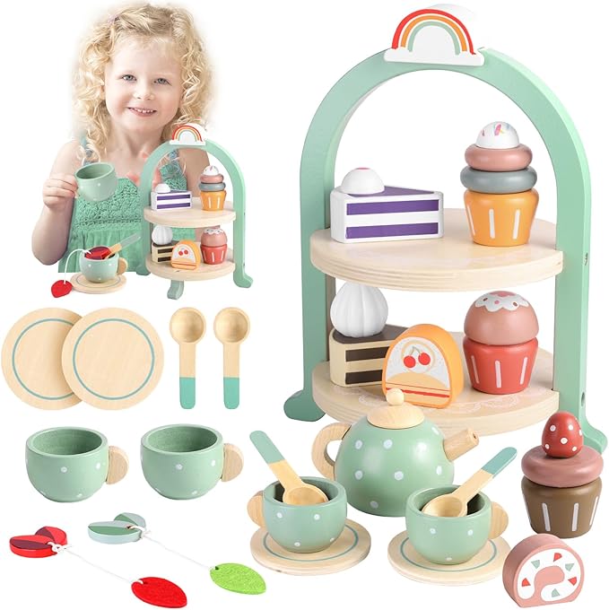 GAGAKU Wooden Tea Set for Little Girls Tea Set for Toddler Food Pretend Play Accessories Kids Kitchen Playset Tea Set for Toddlers