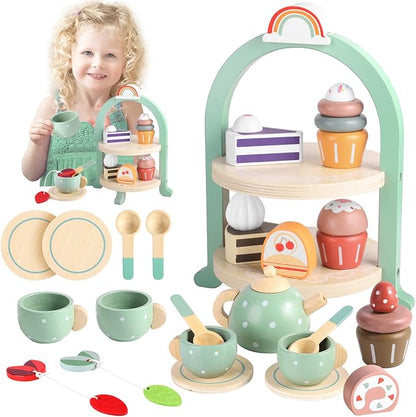 GAGAKU Wooden Tea Set for Little Girls Tea Set for Toddler Food Pretend Play Accessories Kids Kitchen Playset Tea Set for Toddlers