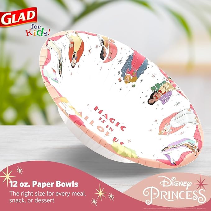 Glad for Kids Disney Princess Magic is in All of Us 12oz Paper Bowls| Disney Princess Paper Bowls, Kids Bowls| Kid-Friendly Paper Bowls for Everyday Use, 12oz Paper Bowls, 24 Count - 10 Pack