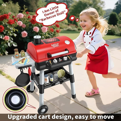 Kids Play Kitchen Toys, Kids BBQ Grill Playset with Smoke Sound Light, 2-Layer Barbecue Toy with Wheel, Outdoor Play Grill Toys for Toddlers 3-5, Play Food Toys Cooking Set, Birthday Gift for Boy Girl