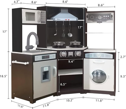 TaoHFE Corner Play Kitchen with Lights & Sounds Brown Kitchen Kids Toddler Kitchen Set with Washer, Chalkboard Wooden Kitchen Kids Playset with Washing Machine Range Hood Boys Gift for Ages 3+