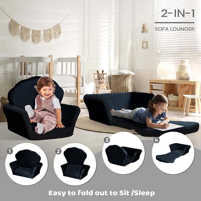 COSYLAND Kids Sofa for Toddler, 2-in-1 Folding and Expandable Soft Chair Bed Toddlers,Convertible Sofa to Lounger Sleeper Chair Bed for Girls and Boys,Black