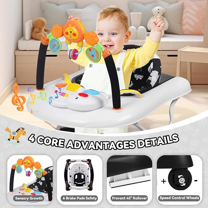 Baby Walker, 5 in 1 Baby Walkers for Boys Girls 6-12 Months, Foldable Walkers for Babies with Bouncer & Feeding Tray, Music, Adjustable Heights, Activity Walker for Infant