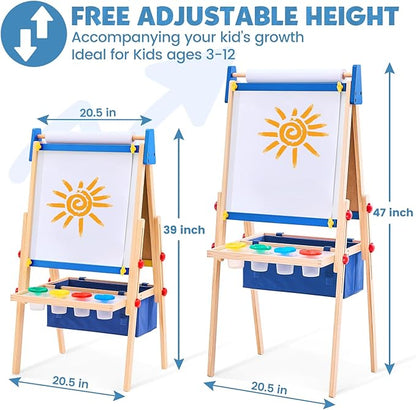 Art Easel for Kids Easel for Toddlers, Adjustable Wooden Kids Drawing Easel with Magnetic Whiteboard & Chalkboard, Kids Dry Erase Board, Easel for Kids Ages 3 4-8 9-12, Blue w/Bag