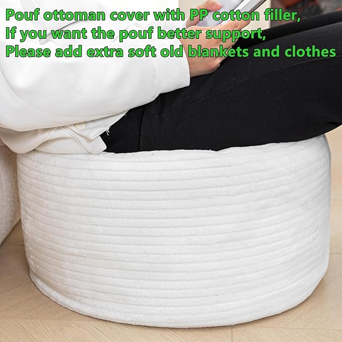 Pouf Ottoman Stuffed 20x20x12 Inches Floor Pouf Plush Fiber Ottoman Foot Rest Under Desk Foot Stool for Living Room Bedroom (White Stripe Pouf with Filler)