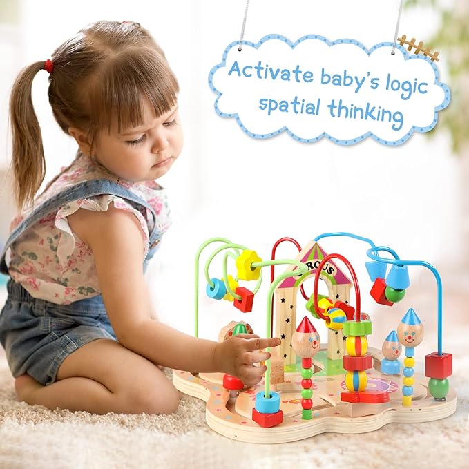 Joqutoys First Bead Maze Toy for Toddlers 1-3(Large), Wooden Colorful Circus Roller Coaster Circle Toys for Babies - Bead Maze Activity Cube Educational Toys First Birthday Gifts for Boys Girls