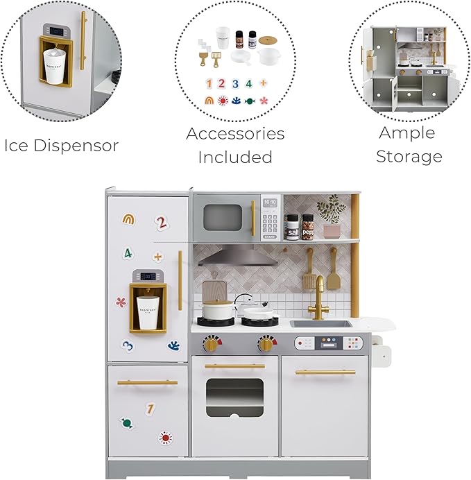 Teamson Kids Little Chef Springfield Play Kitchen with Pretend Ice Dispenser, Magnetic Surface, and 21 pc. Accessory Set, Gray/White