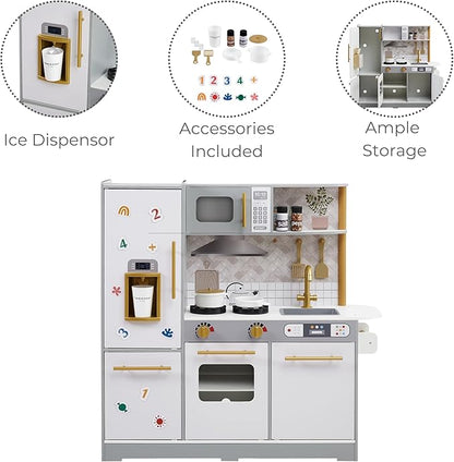 Teamson Kids Little Chef Springfield Play Kitchen with Pretend Ice Dispenser, Magnetic Surface, and 21 pc. Accessory Set, Gray/White