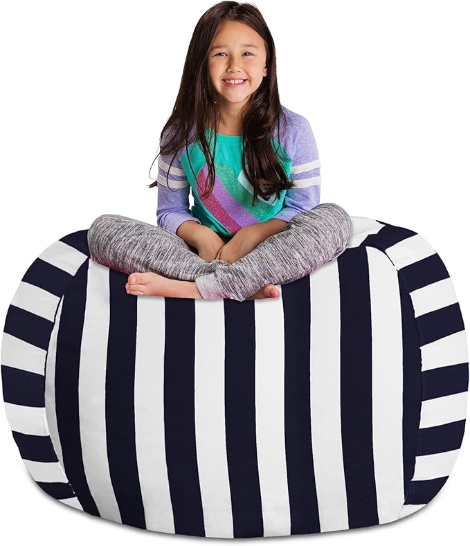 Posh Stuffable Kids Stuffed Animal Storage Bean Bag Chair Cover - Childrens Toy Organizer, X-Large 48" - Canvas Stripes Blue and White