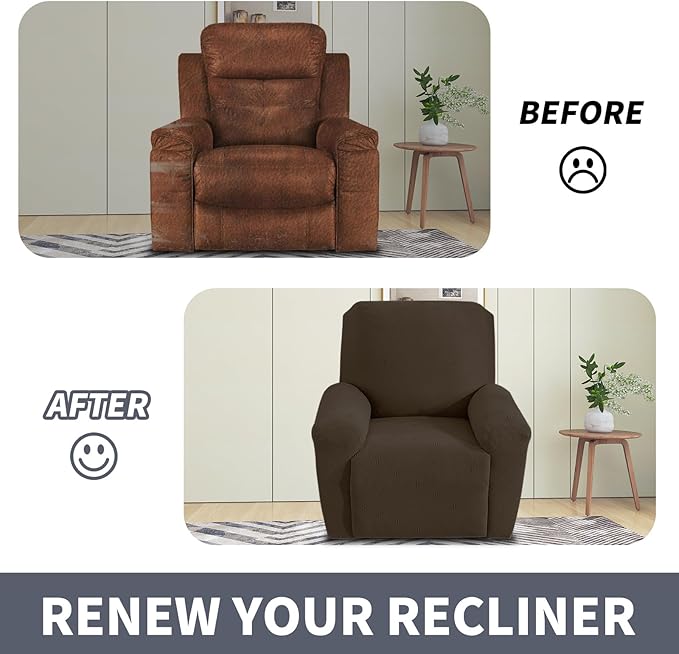 JIVINER Recliner Chair Covers, Jacquard 3 Piece Slipcovers for Recliner Chair Soft Stretch Lazy Boy 1 Seater Reclining Protector with Pockets (Recliner, Coffee)