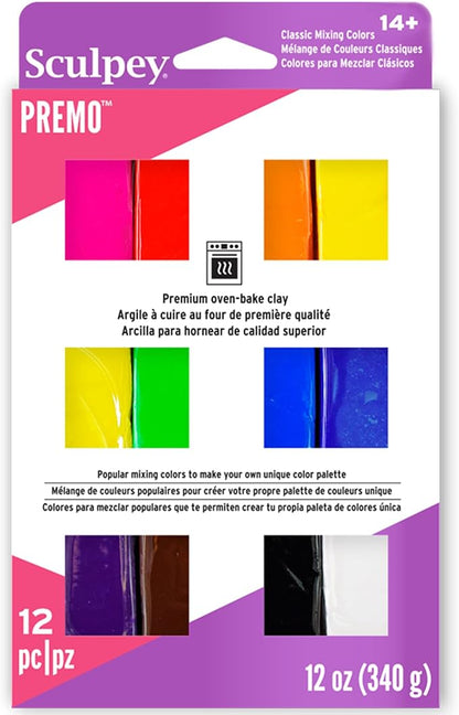 Sculpey Premo: Multipack - Classic Mixing Colors - 12 Shades, 1oz Bars, Sampler Pack, Non-Toxic, Sculpt-Model Projects, Adult Arts-Crafts Supplies